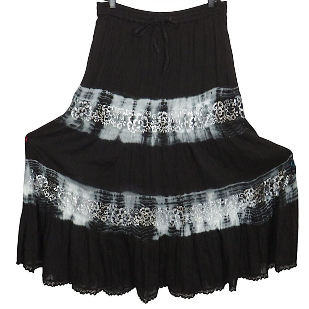 Romeo & Juliet Couture Black Tie Dye Cotton Crinkle Gauze Boho Maxi Skirt Size M
